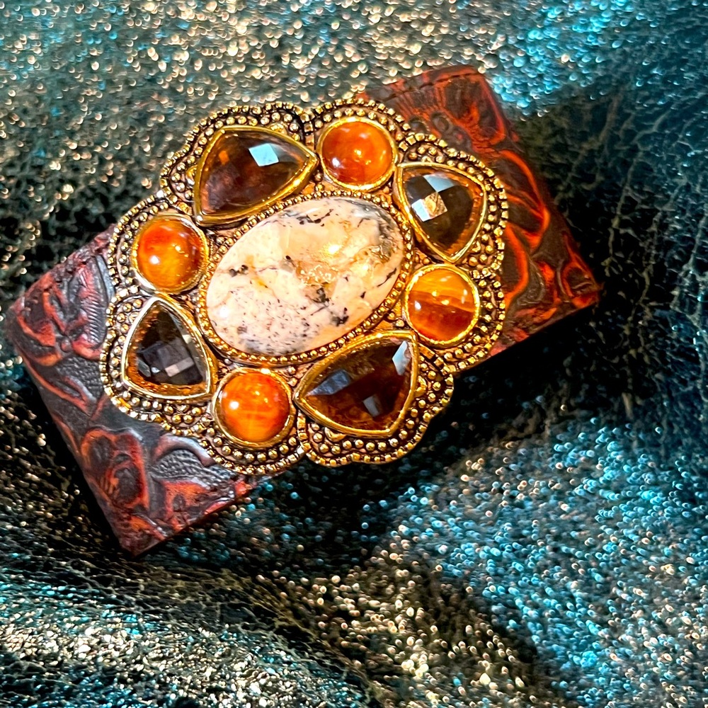 Studio Barse embossed brown leather cuff bracelet with stones.